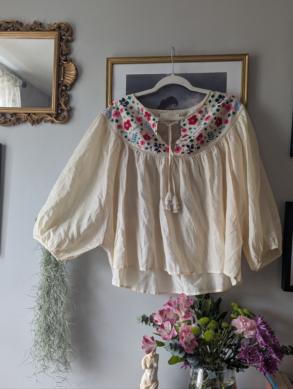 Bohemian Embroidered Cream Peasant Blouse